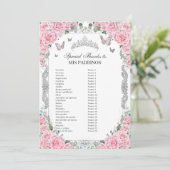 Pink Floral Silber Quinceañera Mis Padrinos Card Einladung (Stehend Vorderseite)