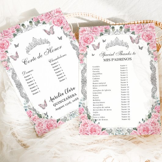 Pink Floral Silber Quinceañera Mis Padrinos Card Einladung