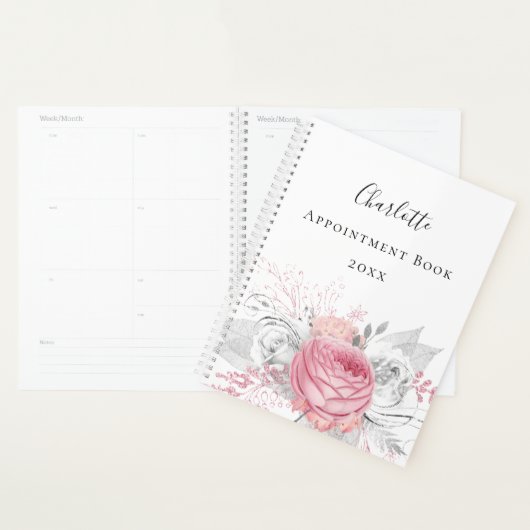 Pink floral silver foliage white name script 2023 planer (Anzeige)