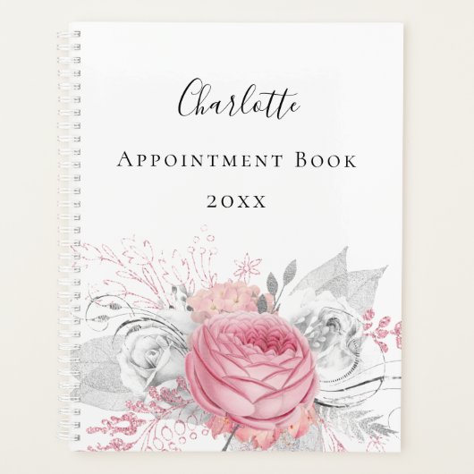 Pink floral silver foliage white name script 2023 planer (Vorderseite)
