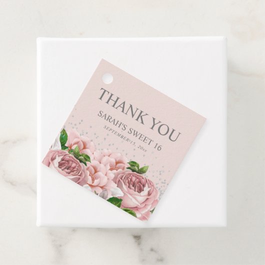 Pink Floral Silver Glitzer Sweet 16 Danke Geschenkanhänger (Beispiel)