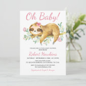 Pink Floral Sloth Babydusche Einladung (Stehend Vorderseite)