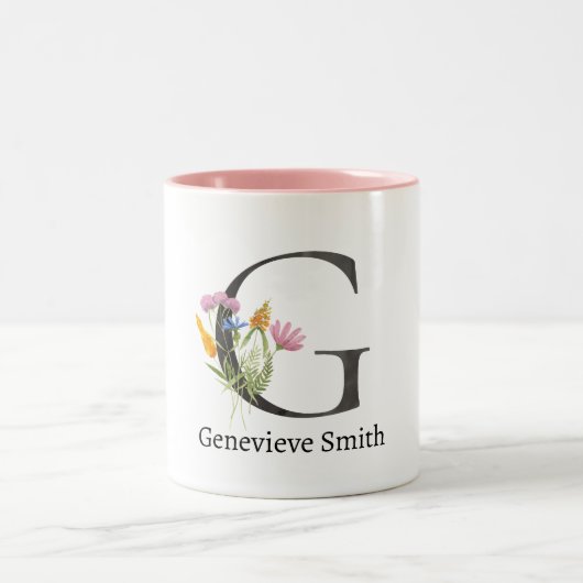 PINK FLORAL SOFT BLUSH ALPHABETS NAME LETTER G ZWEIFARBIGE TASSE (Mittel)