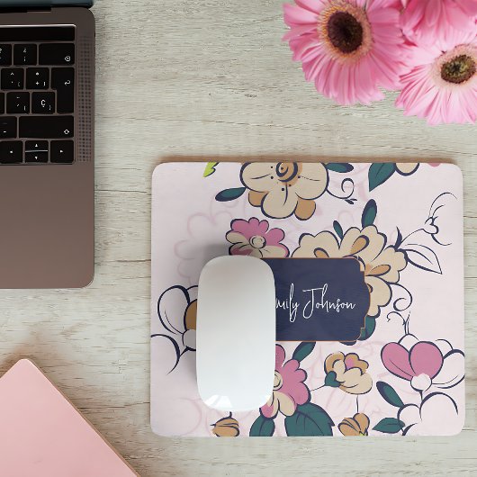 Pink Floral Soft Custom Name Pastel Flower Design Mousepad