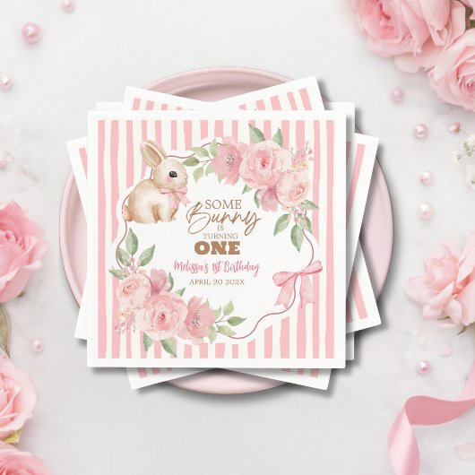 Pink Floral Some Bunny Turning One Birthday Party Serviette