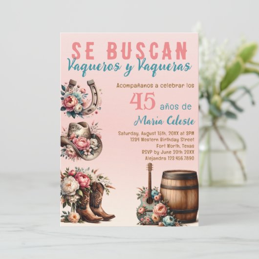 Pink Floral Spanischer Western Cowboy 45. Geburtst Einladung (Stehend Vorderseite)