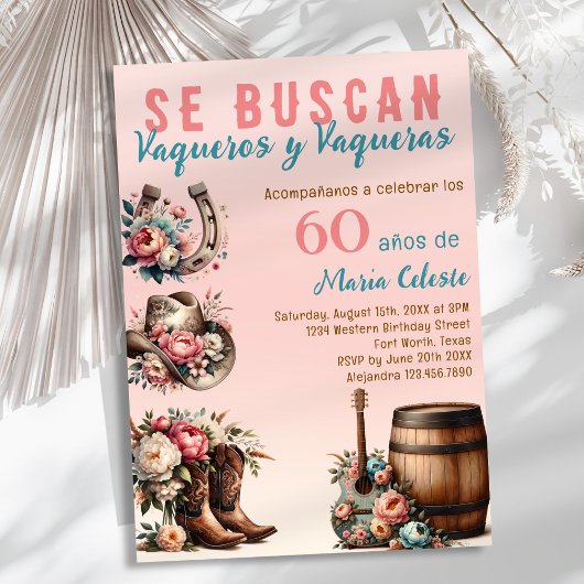 Pink Floral Spanischer Western Cowboy 60. Geburtst Einladung