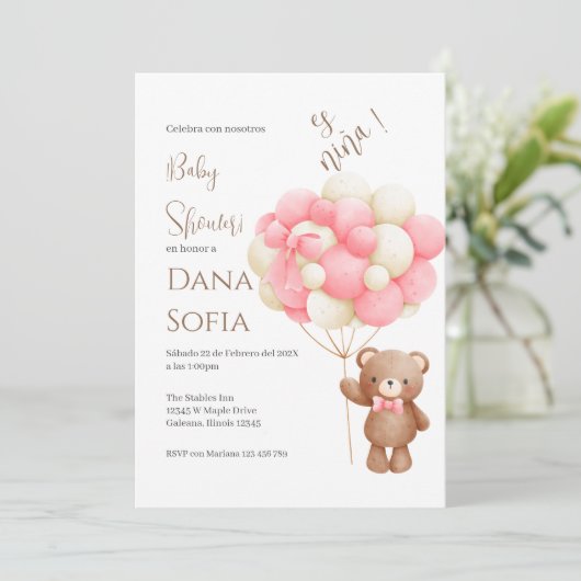 Pink floral Spanish Baby Shower Girl invitation Einladung (Stehend Vorderseite)