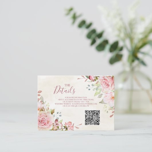 Pink Floral Spring Wedding QR code Details Insert (Stehend Vorderseite)