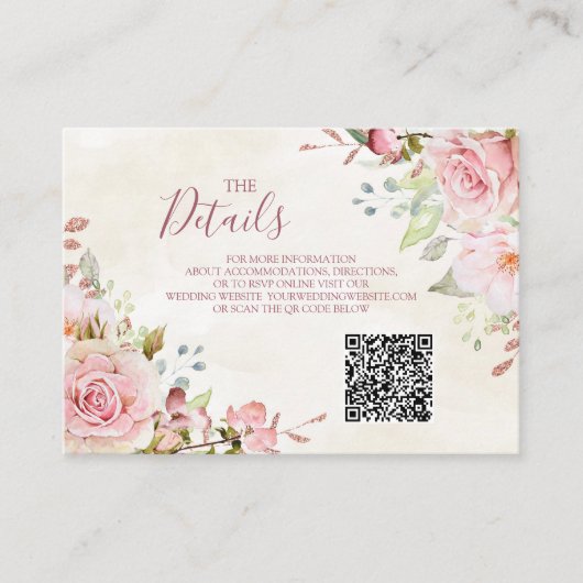 Pink Floral Spring Wedding QR code Details Insert (Vorderseite)