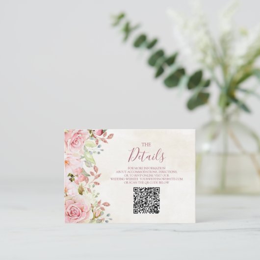Pink Floral Spring Wedding QR code Details Insert (Stehend Vorderseite)