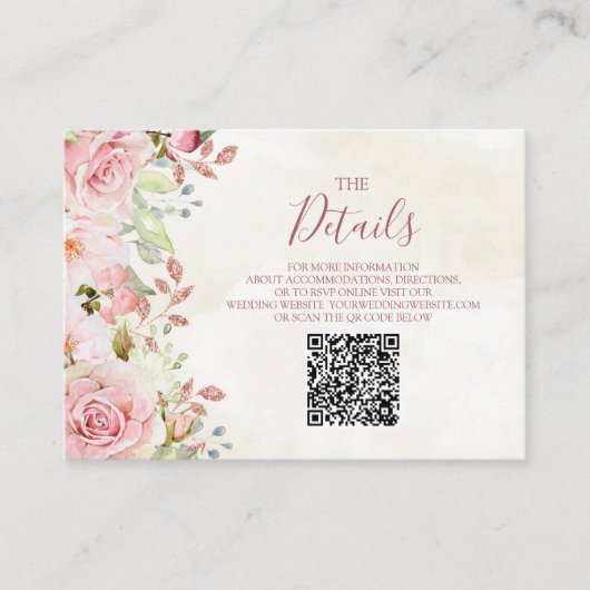 Pink Floral Spring Wedding QR code Details Insert (Vorderseite)
