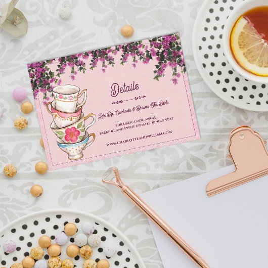 Pink Floral Stacked Teacups Bridal Shower Details Begleitkarte
