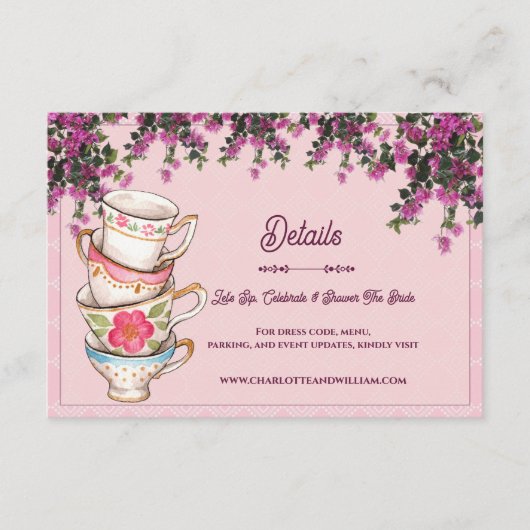 Pink Floral Stacked Teacups Bridal Shower Details Begleitkarte (Vorderseite)