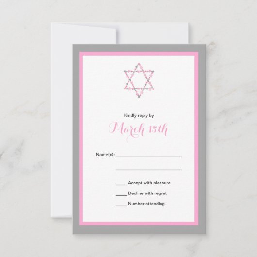 Pink Floral Star Bat Mitzvah RSVP CARD Karte (Vorderseite)