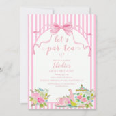 Pink Floral Stripe Let's Par-tea Birthday Einladung (Vorderseite)