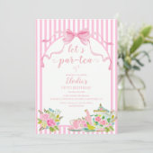 Pink Floral Stripe Let's Par-tea Birthday Einladung (Stehend Vorderseite)