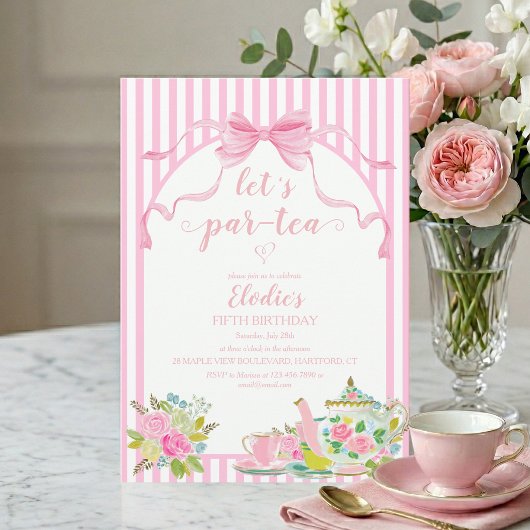 Pink Floral Stripe Let's Par-tea Birthday Einladung