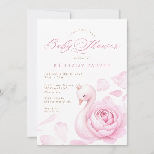 Pink Floral Swan Babydusche Einladung (Vorderseite)