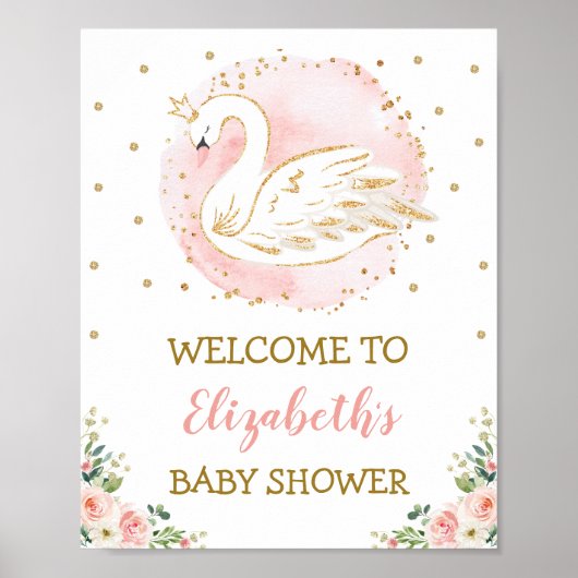 Pink Floral Swan Princess Girl Babydusche Willkomm Poster (Vorne)