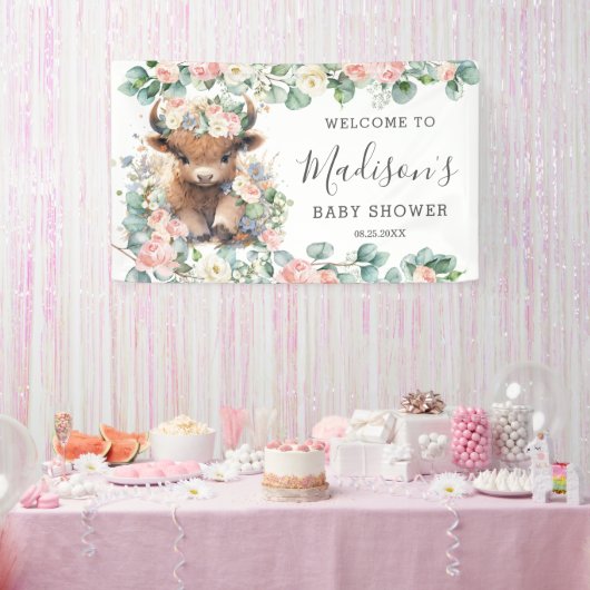 Pink Floral Sweet Highland Kuh Baby Dusche Willkom Banner (Party)