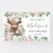 Pink Floral Sweet Highland Kuh Baby Dusche Willkom Banner (Horizontal)