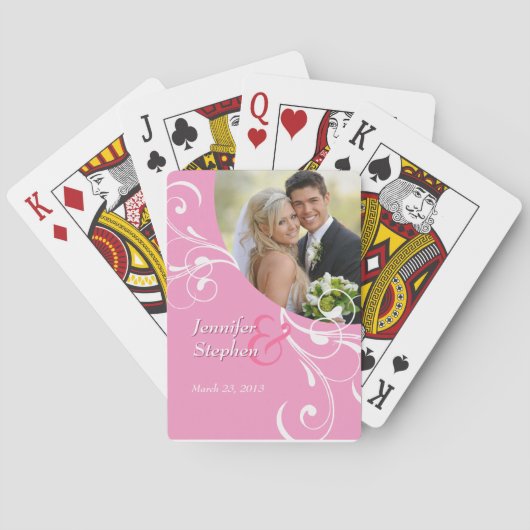 Pink Floral Swirl Wedding Photo Playing Cards Spielkarten (Rückseite)