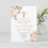 Pink Floral Taufe Spanische Einladung (Stehend Vorderseite)