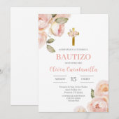 Pink Floral Taufe Spanische Einladung (Vorne/Hinten)