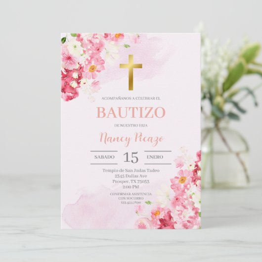 Pink Floral Taufe Spanische Einladung (Stehend Vorderseite)