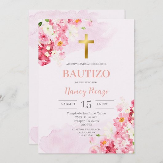Pink Floral Taufe Spanische Einladung (Vorne/Hinten)