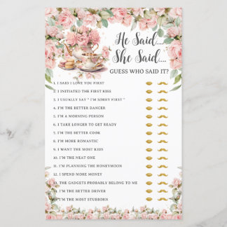 Pink Floral Tea Party He Said She Said Bridal Game