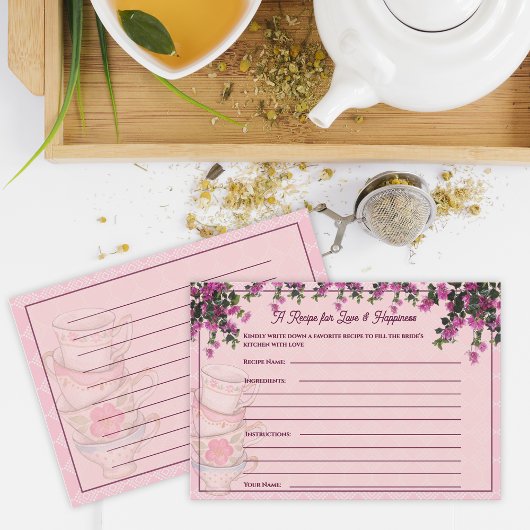 Pink Floral Teacups Bridal Shower Recipe Card Begleitkarte