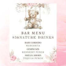 Pink Floral Teddy Bear Baby Dusche Bar Menu