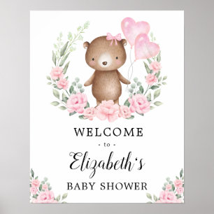 Pink Floral Teddy Bear Girl Babydusche Willkommen Poster