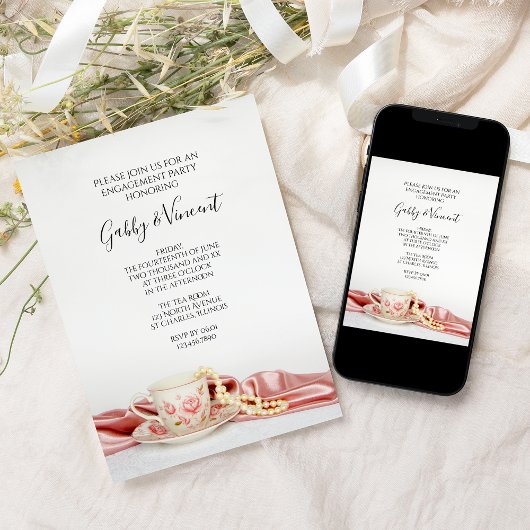 Pink Floral Tee Cup and Pearls Engagement Party Einladung