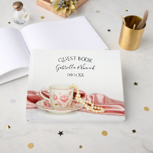 Pink Floral Tee Cup and Pearls Wedding Gästebuch