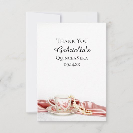 Pink Floral Tee Cup Perlen Quinceanera Vielen Dank Dankeskarte (Vorderseite)