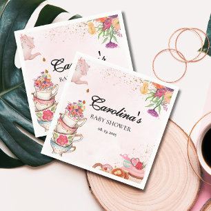 Pink Floral Tee Party Baby Braut Babydusche Serviette