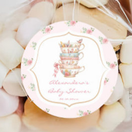 Pink Floral Tee Party Babydusche Runder Aufkleber