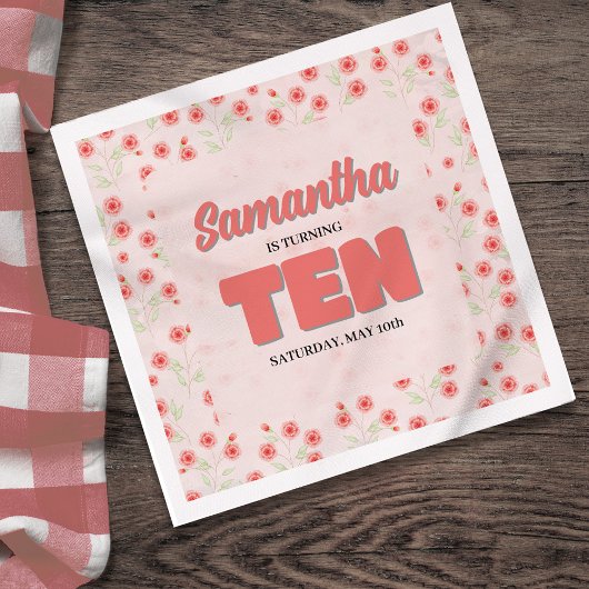 Pink Floral Tenth Birthday Girl Custom Party Serviette