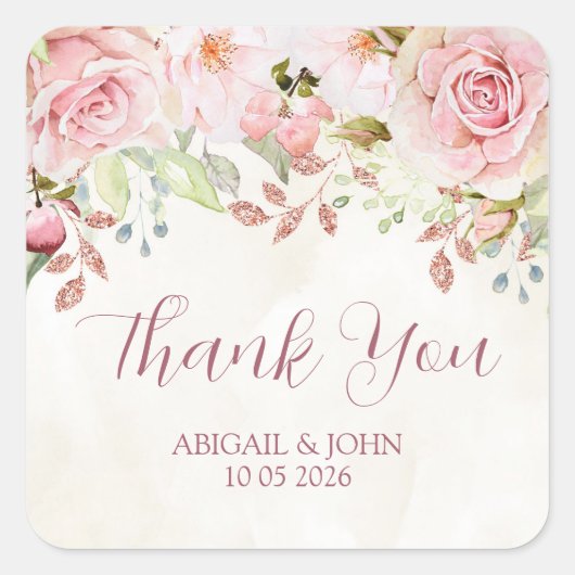 Pink Floral Thank You Spring Wedding Favor Tag Quadratischer Aufkleber (Vorderseite)