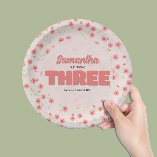 Pink Floral Third Birthday Girl Party Custom Pappteller