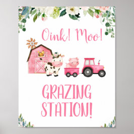 Pink Floral Traktor Farm Tiere Geburtstag Zeichen Poster