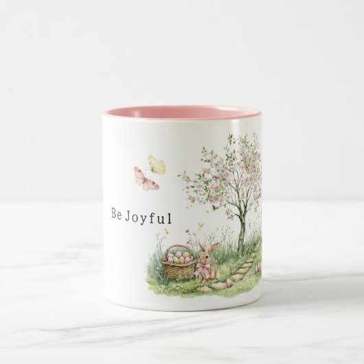 Pink Floral Tree Bunny Easter Eggs Joy Zweifarbige Tasse (Mittel)