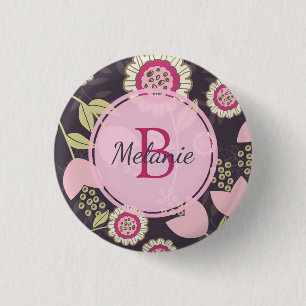 Pink Floral Tulip Muster Monogramm Button