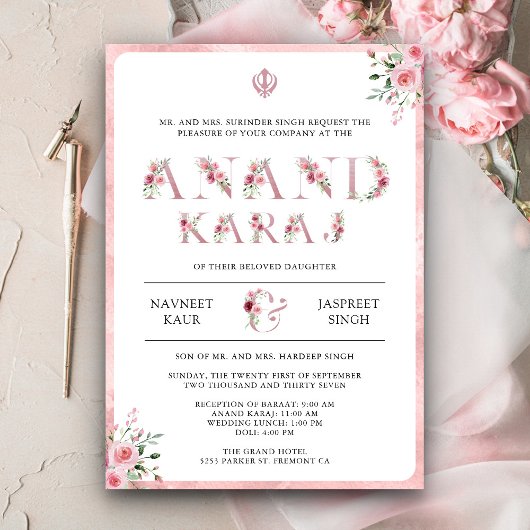 Pink Floral Typografie Anand Karaj Sikh Wedding Einladung