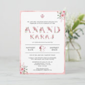 Pink Floral Typografie Anand Karaj Sikh Wedding Einladung (Stehend Vorderseite)