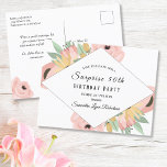 Pink Floral Überraschung Save the Date 50. Geburts Einladungspostkarte<br><div class="desc">Weiblich weißer Hintergrund mit schwarz-weißem Diamant in der Mitte. Rund um den Rand des Diamanten stehen rosa und gelbe Blumen mit grünen Blätter. Alle Skripte und fett formatierten Schriftart sind eine Textvorlage, die Sie ändern können. Auf der Rückseite befinden sich eine Rücksendeadresse und ein Meldungsfeld. Für Fragen zum Design kontaktieren...</div>