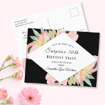 Pink Floral Überraschung Save the Date 50. Geburts Einladungspostkarte<br><div class="desc">Weiblicher schwarzer Hintergrund mit weißem Diamant in der Mitte. Rund um den Rand des Diamanten stehen rosa und gelbe Blumen mit grünen Blätter. Alle Skripte und fett formatierten Schriftart sind eine Textvorlage,  die Sie ändern können. Auf der Rückseite befinden sich eine Rücksendeadresse und ein Meldungsfeld.</div>
